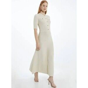 Karen Millen Rib Knit Military Trim Maxi Dress Size Petite Large PL